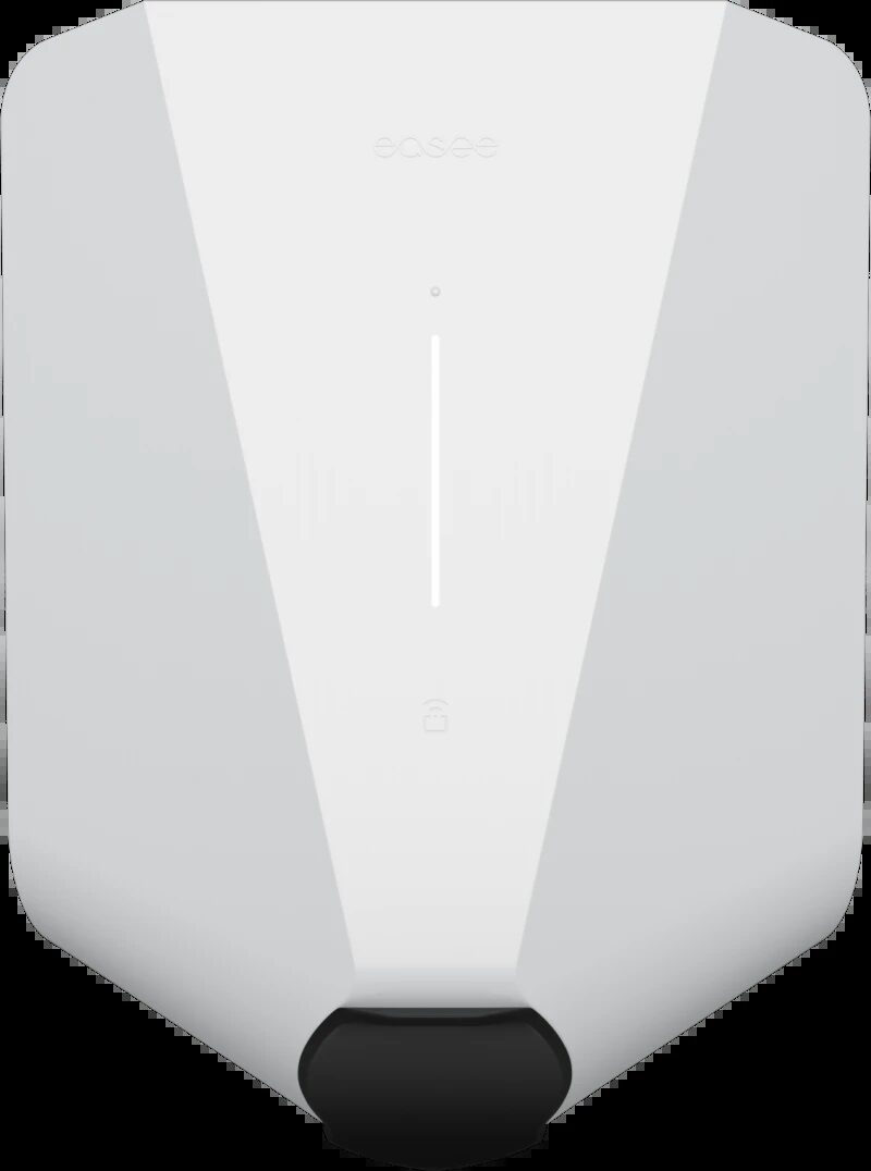 A white Easee wall-mounted EV charger with a black cable holster at the bottom