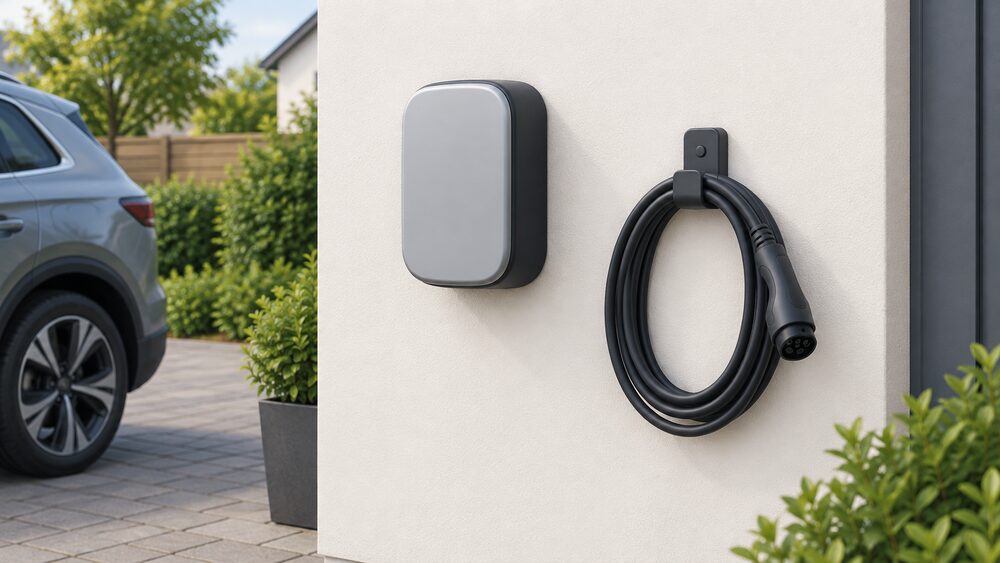 A close-up of a compact untethered wall-mounted EV charger on an outside wall beside a driveway, its facia plain, with a separate Type 2 charging cable coiled on a nearby hook and no cable fixed to the unit.