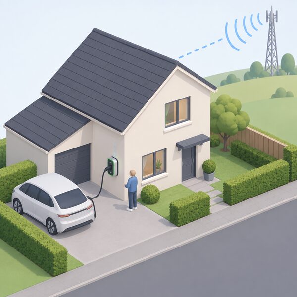 A wall-mounted home EV charger on the outside wall of a house with a simplified signal arriving from beyond the property boundary, shown as radiating waves from a distant mast, while a small isometric figure stands beside the charger indicating its role in grid flexibility.