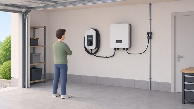 A simplified isometric garage interior showing a wall-mounted EV charge point beside a wall-hung solar inverter, with a cable running between the two units and a small current sensor clipped around the incoming supply cable nearby.