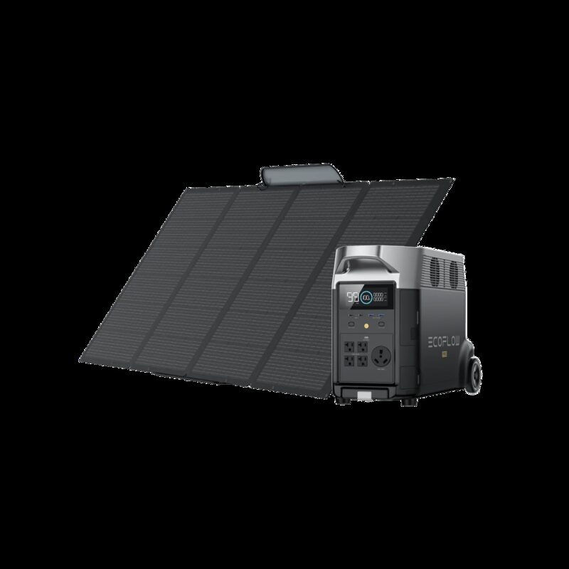 An EcoFlow portable power station with a folding portable solar panel kit beside it