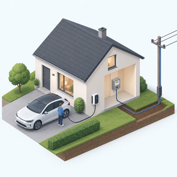 A simplified isometric house exterior with a wallbox EV charger mounted on the outside wall, its cable reaching a parked electric car, and a supply cable running from the wallbox into the house meter and onward to the electricity grid shown as overhead lines or an underground cable leaving the property.