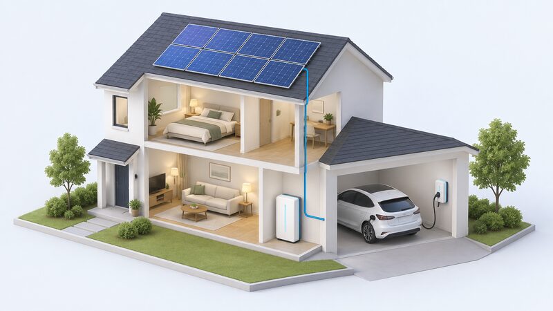 A cutaway view of a house with solar panels on the roof, a cable running down to a home battery inside, and a wall-mounted EV charger in the garage with a cable plugged into a parked car.