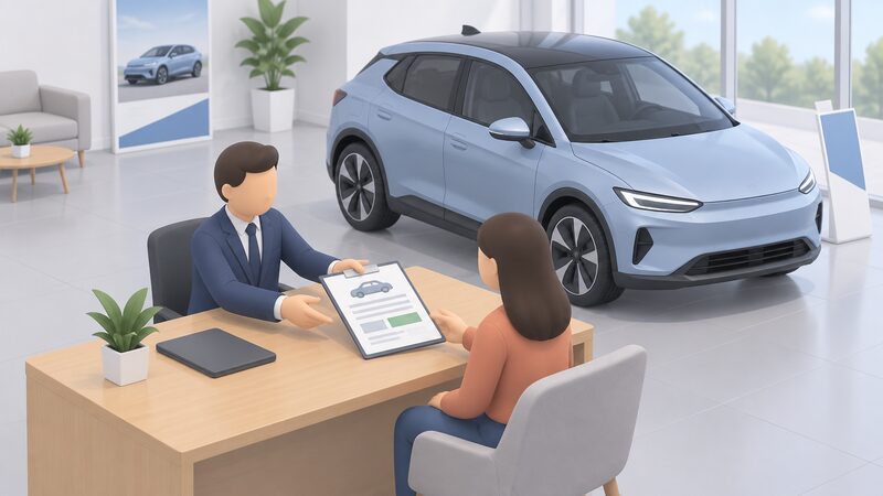 In a dealership showroom, a salesperson slides an order form across a desk toward a customer beside a new electric car, the form showing a reduced purchase price as blank lines and plain blocks with no readable figures.