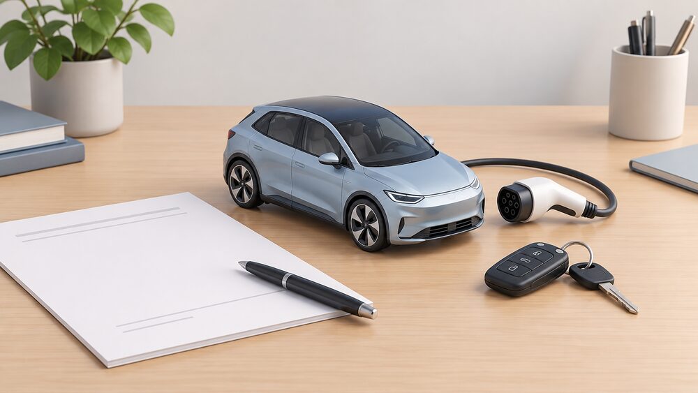 A small model of a new electric car with a charging cable plug beside it sits on a desk next to blank purchase paperwork, a pen and a set of car keys, showing a discount agreed at the point of sale rather than a claim form.