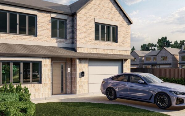 A rendered brick house with an electric car parked on the driveway next to a wall-mounted EV charger