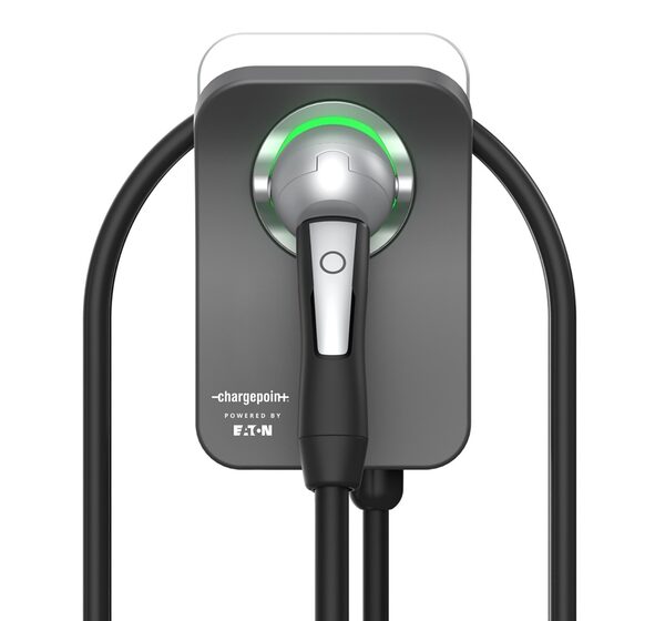 A ChargePoint Home Flex wall-mounted EV charger with holstered cable, branded 'powered by Eaton'