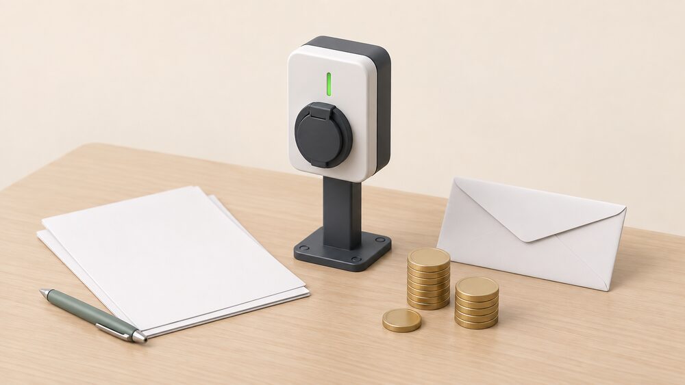 A small model of a wall-mounted electric vehicle chargepoint socket on a short post stands beside blank application paperwork, a sealed envelope and a small stack of coins on a plain tabletop, representing the grant that contributes towards buying and installing a home chargepoint.