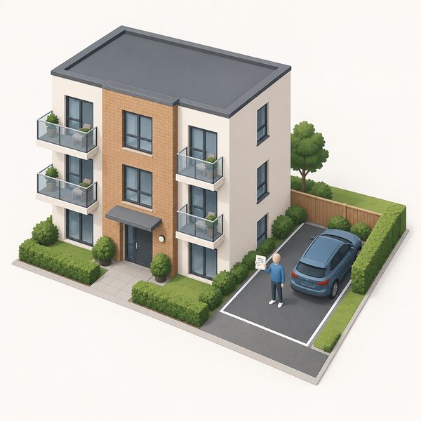 A small residential flat building with one clearly designated private off-street parking space beside it, marked as a single allocated bay, with a simplified isometric figure standing in the space holding a document showing their legal right to use it.