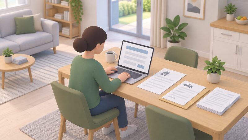 A householder at a home table completes an online grant application on a laptop, with supporting documents such as a tenancy agreement and vehicle paperwork laid out beside them ready to submit.