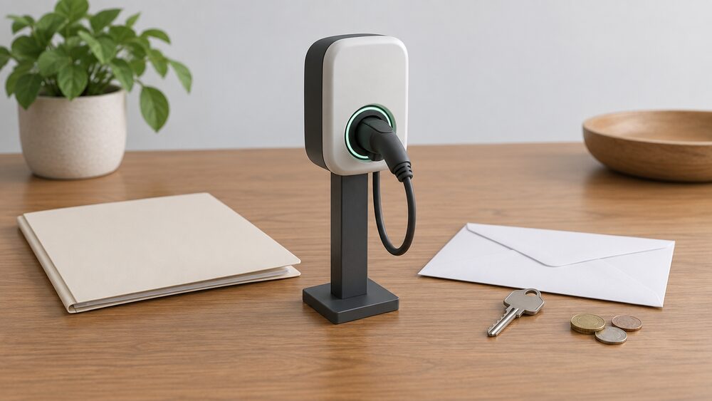 A small model of a domestic electric car chargepoint on a post stands beside a closed blank application folder, a sealed envelope and a few coins on a wooden table, with a house key resting on the papers.