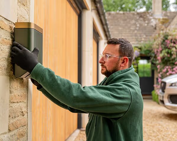 An installer in gloves mounting a green and gold EV charge point on the brick exterior wall of a house