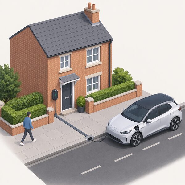 A small isometric house fronting a pavement and street, with a wall-mounted chargepoint beside the front door, a cable channel running from it across the pavement to a recessed charging gully at the kerb, and an electric car parked at the kerb connected to the gully.