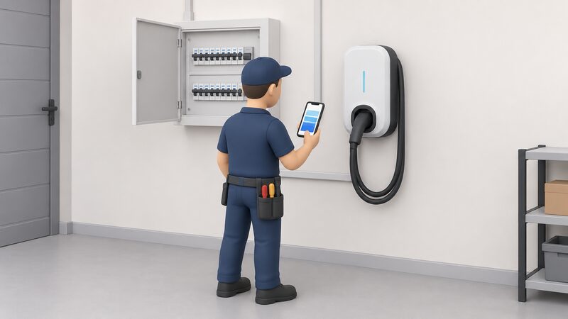A simplified electrician stands beside a wall-mounted EV charger holding a phone showing a plain app screen, with the consumer unit door open nearby revealing rows of circuit breakers during commissioning.