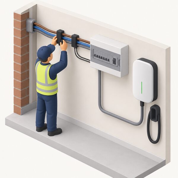 An isometric cutaway of a home's incoming supply showing a wall-mounted EV charger connected to the consumer unit, with a small installer figure clipping CT-based metering sensors around the live supply cables so the charger can meter household load and balance charging.