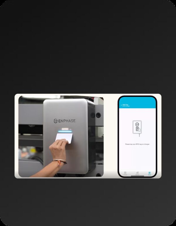 A hand tapping an RFID card on an Enphase EV charger, shown alongside a phone app screen for adding an RFID tag