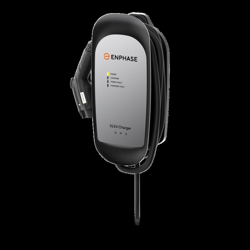 A wall-mounted Enphase IQ EV charger with coiled cable and connector on a white background