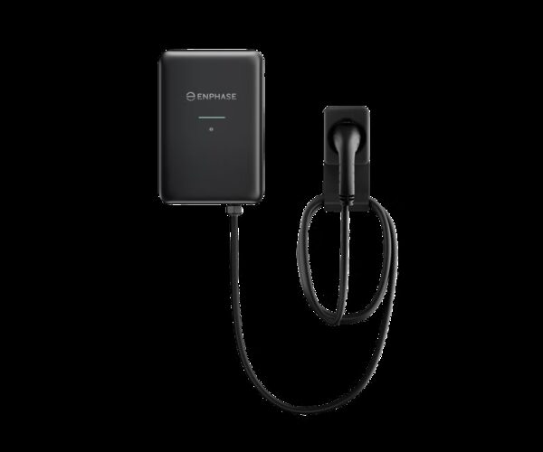 A black Enphase IQ EV Charger 2 wall unit with tethered charging cable and holster on a white background