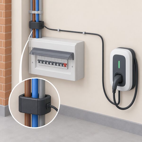 A small split-core current transformer clipped around the incoming supply tails beside a UK consumer unit, with a thin cable running from the CT toward the wall-mounted EV charger, showing how CT-based metering senses household current for dynamic load balancing.
