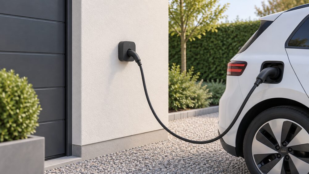 A compact EO Mini Pro 2 home EV charger mounted on an outside wall beside a driveway, with a Type 2 charging cable plugged into its socket and leading to a parked electric car, shown close up in daylight.