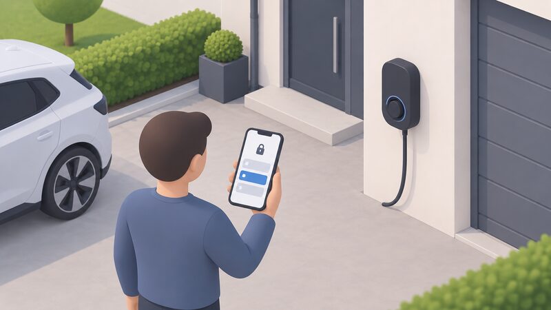 A hand holds a smartphone showing the EO Smart Home app's charging schedule screen, with plain schedule blocks and a padlock icon, beside a wall-mounted EO Mini Pro 2 charger on a house driveway.