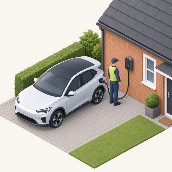 A small isometric figure of an installer standing beside a compact modern smart EV charger wall unit mounted on the outside brick wall of a house, with a cable plugged into an electric car parked on the driveway nearby.