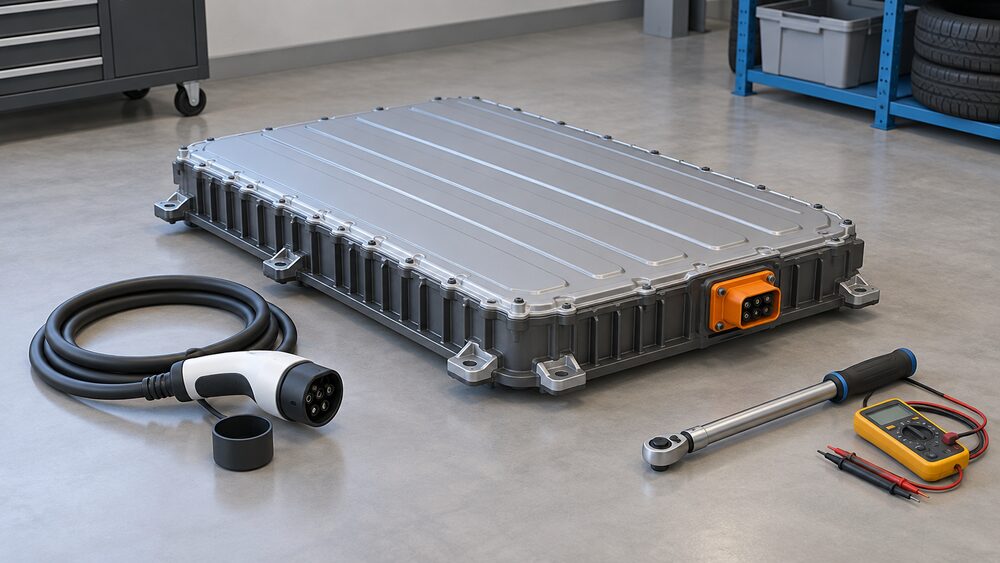 A large flat electric car battery pack, shown as a sealed rectangular case with cooling fins and a high-voltage connector, sits centrally on a workshop floor with a Type 2 charging cable and connector resting beside it and a torque wrench and multimeter laid out nearby.