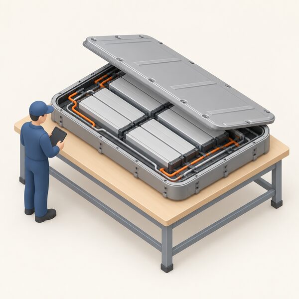 A simplified isometric electric car battery pack shown as a flat rectangular case with rounded corners, its lid partly open to reveal rows of plain battery modules and cooling channels, resting on a workshop bench beside a small figure inspecting it.