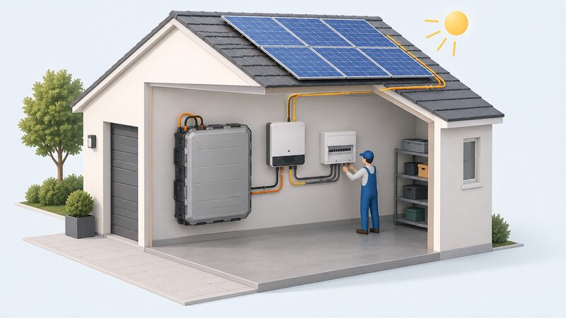 A large second-life EV battery pack installed as a stationary storage unit on a garage wall, wired to a home consumer unit and connected to rooftop solar panels, with a small isometric figure of an installer checking the connections.