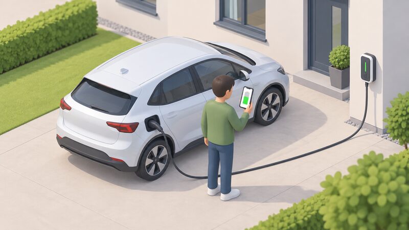A used electric car parked on a home driveway with its charging cable running to a wall-mounted charge point, while a person stands beside the car holding a phone whose screen shows the battery's state of health as a simple plain bar.