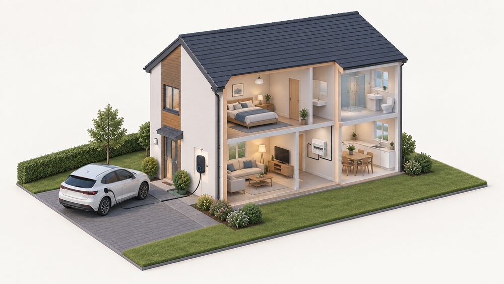 A cutaway house at night-free daytime with an electric car parked on the drive, plugged by a cable into a bidirectional wall charger mounted on the external wall, with the cable's connection running into the home's consumer unit so the car battery can supply the house.