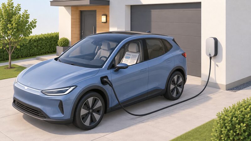 An electric car parked on a driveway with its charging cable running from the car's charge port to a wall-mounted home charger on the house wall, and on the passenger seat inside the car a warranty document lying open, its pages shown only as blank lines and plain colour bands.