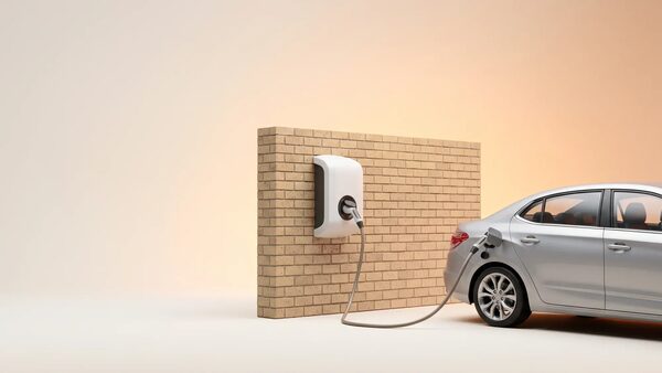 A wall-mounted EV charger on a brick wall with a cable plugged into a silver car