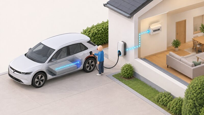 A cutaway view of a parked electric car beside a house, with a simplified isometric figure plugging the cable into the wall-mounted charge point, and a dotted power flow line running from the car's traction battery through the charge point and into the house's consumer unit.