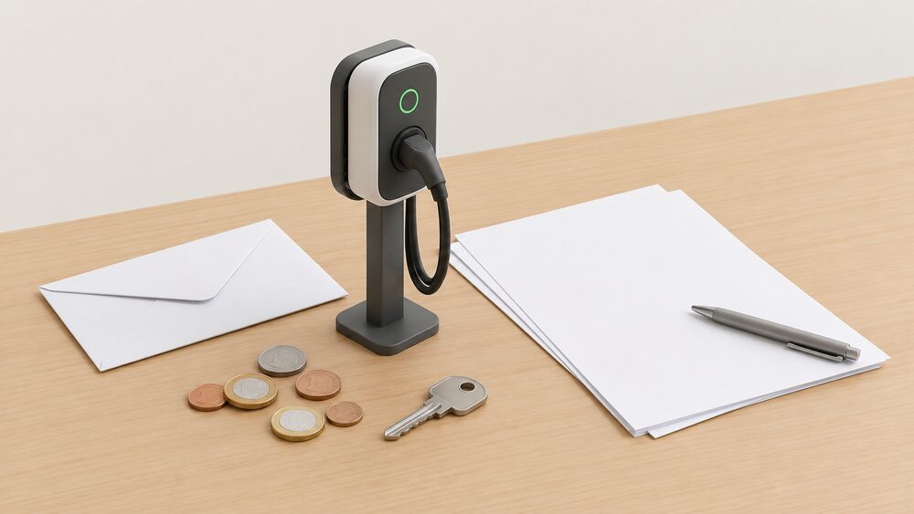 A small model of a wall-mounted electric vehicle chargepoint on a short post stands beside blank application paperwork, a sealed envelope, a house key and a scatter of coins on a plain table, suggesting a landlord applying for a grant towards a rented home's chargepoint.