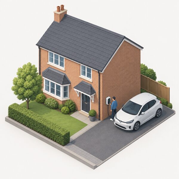 An ordinary UK house with a driveway where a small isometric figure stands beside a wall-mounted electric vehicle chargepoint connected to the home, with a car parked on the private parking space.