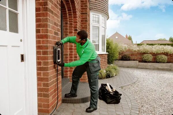 An engineer in a green uniform installing a wall-mounted EV charge point on the brick exterior of a house