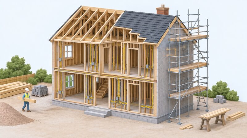A partly built two-storey house with open stud walls, first-fix electrical cabling running through the frame, scaffolding erected against the gable end, and no chargepoint or wall box anywhere on the property.