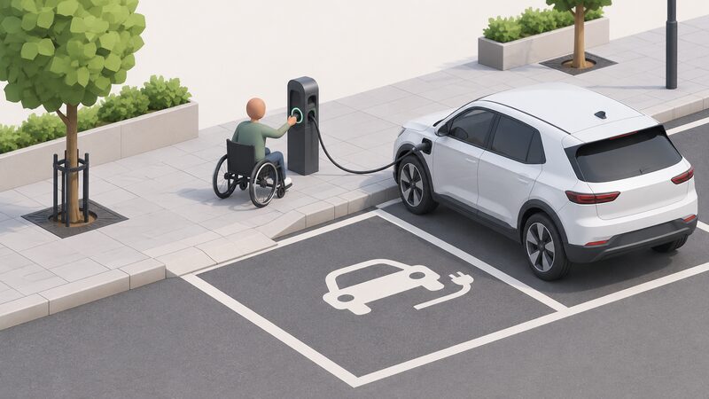An on-street public EV charge point on a pavement, its unit mounted at a lowered height, with a clear level approach space in front of it and a dropped kerb beside the marked charging bay where a car would park.