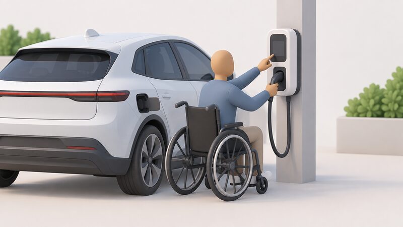 A simplified seated driver beside a parked car reaches a wall- or post-mounted chargepoint, one hand gripping the connector and cable while the other is level with the display screen, all positioned at heights a seated person can comfortably reach and see.
