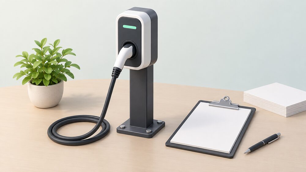 A small model of a public electric vehicle charge point on a post stands beside blank paperwork and a clipboard on a table, with a charging connector resting nearby, representing the accessibility specification applied to public charging rather than a home driveway.