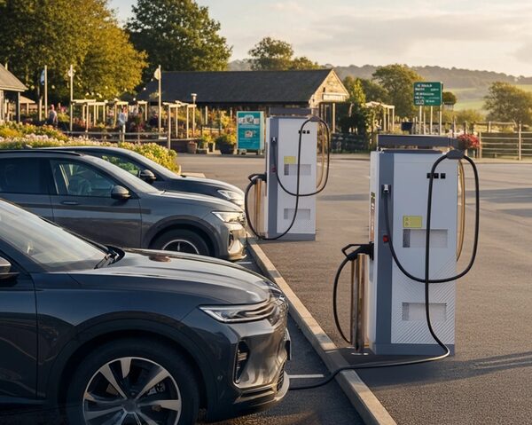 Electric cars parked at public EV charging points in a car park