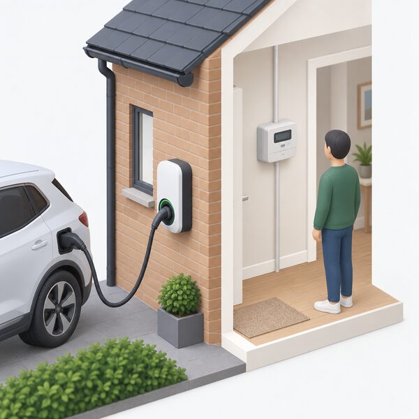 A domestic EV chargepoint mounted on the outside wall of a home, with a smart meter installed on the adjacent inside wall, shown together to illustrate the taskforce proposal that consumers be encouraged to fit a smart meter with every home chargepoint.