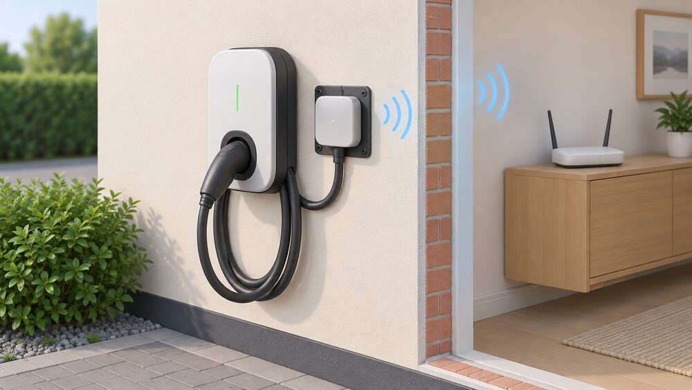 A close-up of a wall-mounted home EV charge point on an outside wall, its charging cable plugged into its holster, with a small square gateway module on its mounting plate beside it and a household Wi-Fi router visible on an inner wall through a cutaway of the wall.