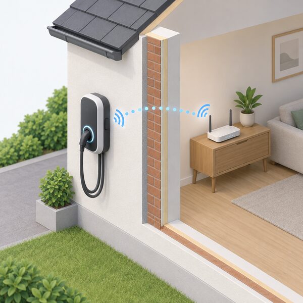 A cutaway view of a house exterior wall with a wall-mounted EV charger outside and a Wi-Fi router on a table indoors nearby, with a simple dotted wireless signal arc passing through the wall to link the two.