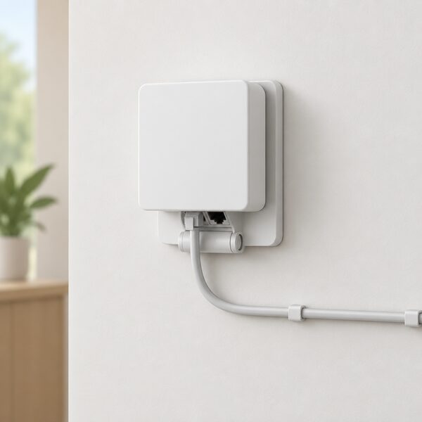 A small square 4G Connect gateway module clipped onto its wall mounting plate on an interior wall, with the hinged connector at its base and a Smappee Bus cable running from one of its two RJ10 sockets along the wall.