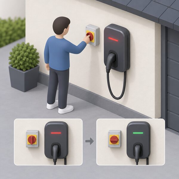 A simplified isometric figure stands beside a wall-mounted EV charger on a house exterior, reaching to flip the rotary handle of a nearby isolator switch from off to on, with the charger's indicator showing an error state.