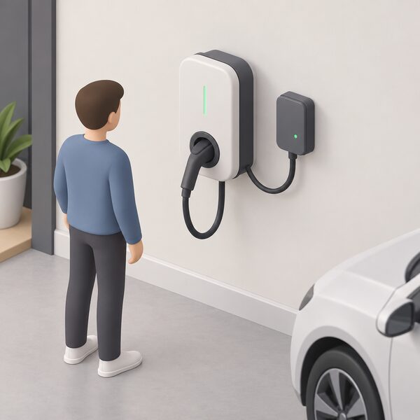 A small isometric view of a wall-mounted EV charger on an interior wall with a separate compact gateway module mounted beside it, joined by a short cable, both plain and unbranded.
