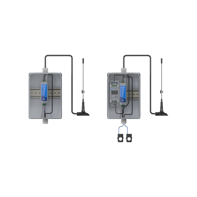 Two views of a wireless energy meter device in a transparent enclosure with antenna and current clamps