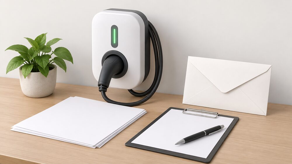 A small white wall-mounted EV charge point model stands on a table beside blank official-looking certificate papers, a sealed envelope and a clipboard with a pen, representing the approval paperwork for a home charger installation.